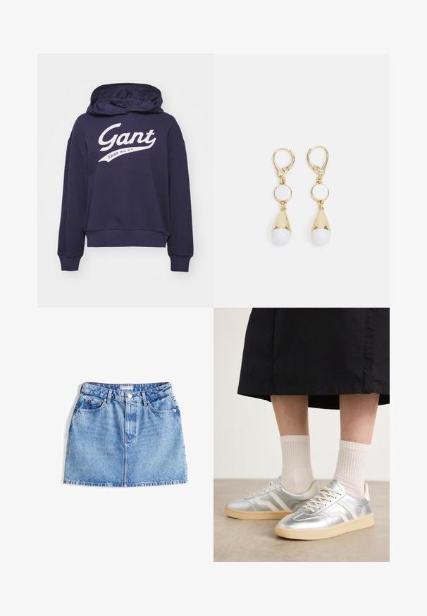 Marineblaues Pullover-Hoodie aus Baumwollmischung, mit einem großen weißen "Gant"-Logo und dem Text "1949 N.H.C.T." in geschwungener Schrift.; Dunkelblauer Minirock aus Jeansstoff mit einem Fünf-Taschen-Design, Knopfverschluss und subtiler, verblasster Textur. Verfügt über ein markiertes Taillenlabel.; Silberne synthetische Turnschuhe mit weißen Streifen, cremefarbener Sohle und strukturiertem Material; kombiniert mit hellen gerippten Socken und einem schwarzen Rock.; Goldfarbene Ohrhänger mit einem kreisförmigen weißen Stecker und einer tropfenförmigen weißen Perle mit einem verjüngten goldenen Akzent.