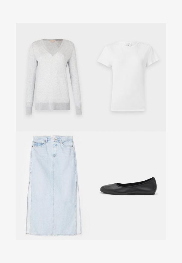 Lys grå langermet genser med V-hals, myk tekstur og ribbet mansjetter og kant. Subtil melert mønster gjennom stoffet.; Hvit bomull T-skjorte med rund hals og korte ermer, med en avslappet passform og minimalistisk design. Merke synlig ved nakken.; Lys blå denim maxi skjørt med rett snitt, med sidespalter og fem-lommers design. Fremtredende søm og metallknapplukking.; Svart skinnballettflatt med rund tå, glatt tekstur, minimal sømdetalj, og et fleksibelt såledesign.