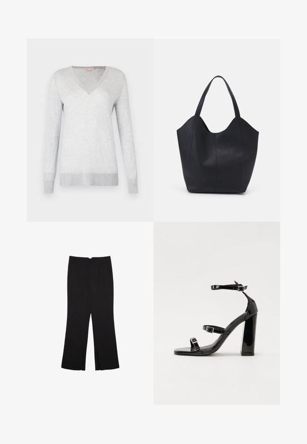 Svetlo šedý sveter s dlhými rukávmi a výstrihom do V, mäkkou textúrou a rebrovanými manžetami a lemom. Nezřetelný melírovaný vzor na celom materiáli.; Čierne nohavice so strihom rovného strihu, s prednými vreckami a bočnými rozparkami na leme. Vyrobené z mäkkej, hladkej tkaniny. Vhodné na rôzne príležitosti.; Čierne lakované sandále na podpätku so štvorcovou špičkou, navlečenými remienkami okolo členku a striebornými prackami. Disponujú masívnym blokovým podpätkom pre stabilitu.; Čierna taška s dlhým uchom vyrobená z hladkej kože, s oblým otvoreným vrchom a dvoma ramennými popruhmi, minimalistického dizajnu.