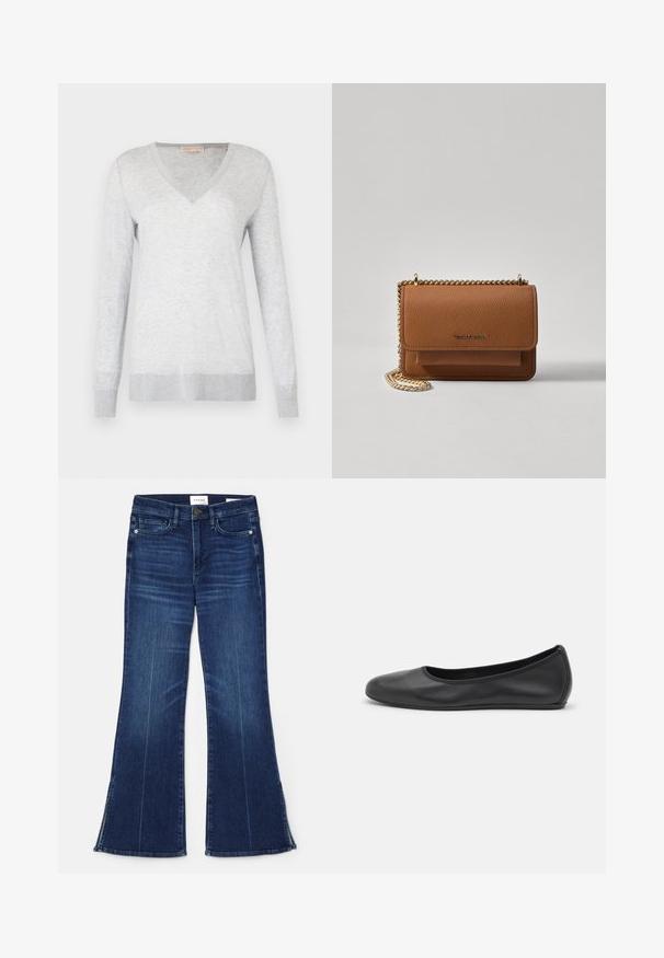 Lys grå langermet genser med V-hals, myk tekstur og ribbet mansjetter og kant. Subtil melert mønster gjennom stoffet.; Mørkeblå flagrende jeans laget av denim. Har høy midje, frontlommer og splittdetaljer ved kanten. Klassisk femlommers design.; Svart skinnballettflatt med rund tå, glatt tekstur, minimal sømdetalj, og et fleksibelt såledesign.; Brun teksturert lær crossover-veske med gullkjede-stropp og klaffelukking. Fronten har logo-detalj og en lomme under klaffen.