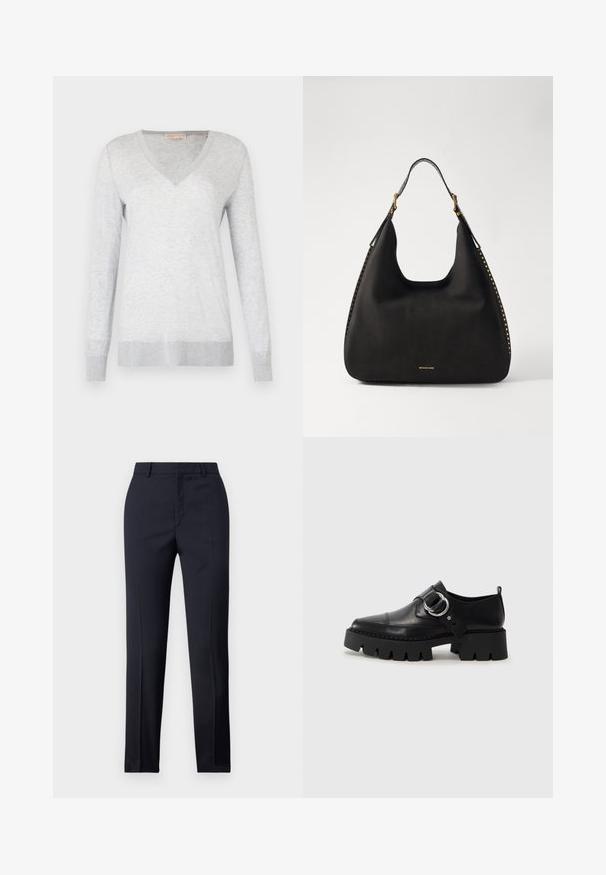 Pull long à manches longues gris clair avec un col en V, texture douce et bords côtelés aux poignets et à l'ourlet. Motif chiné subtil sur l'ensemble du tissu.; Pantalons ajustés bleu marine avec une coupe droite, présentant une texture lisse, deux poches avant et une taille épurée.; Chaussures noires en cuir avec une semelle épaisse et côtelée, présentant un accent en métal argenté circulaire et des détails de couture minimalistes.; MICHAEL Michael Kors NOLITA HOBO  - Sac à main - black