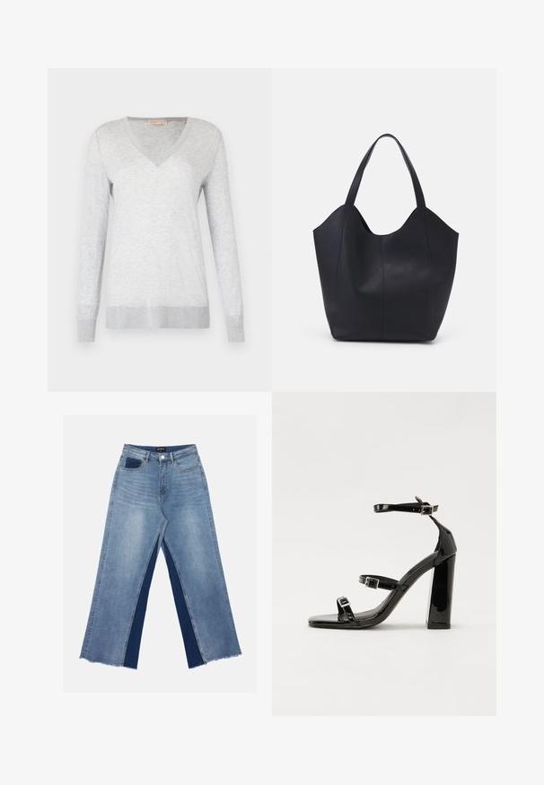 Light grey long-sleeve sweater with a V-neck, soft texture, and ribbed cuffs and hem. Subtle heather pattern throughout the fabric.; Light blue wide-leg jeans featuring contrasting dark blue panels, frayed hems, and a standard waist with a metal button closure.; Black patent heeled sandals with a square toe, ankle straps, and silver buckles. Features a chunky block heel for stability.; Black tote bag made of smooth leather, featuring a curved, open top with two shoulder straps and a minimalist design.