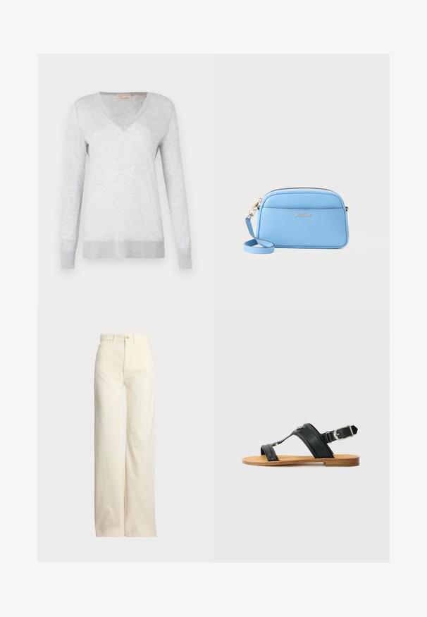 Vaaleanharmaa pitkähihainen neulepaita, jossa on V-kaula-aukko, pehmeä tekstuuri sekä resorit hihansuissa ja helmassa. Kankaan läpi kulkee hienovarainen heather-kuvio.; Polo Ralph Lauren COTTON CORDUROY WIDE-LEG PANT - Housut - warm white; Mustat nahkasandaalit, joissa on säädettävä solki, litteat ruskeat pohjat ja kaksi leveää remmiä, jotka ristiintyvät jalan päällä, minimalistinen muotoilu.; Vaaleansininen nahkainen crossbody-laukku, jossa on kultasävytetty metalliosat, vetoketjukiinnitys ja etutasku. Mukana säädettävä olkahihna käytännöllisyyden vuoksi.