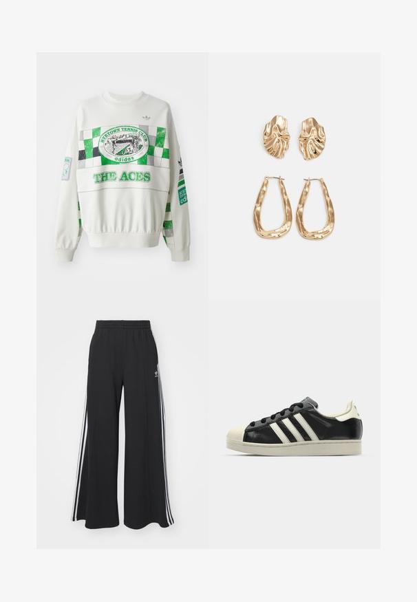 Sweatshirt branco com design de tabuleiro em verde e cinza, rótulo "RITETOWN TENNIS CLUB" e texto "THE ACES" na parte da frente. Punhos elásticos.; Calças de suor largas e pretas com uma cintura elástica, apresentando riscas brancas nas laterais e um logótipo bordado na coxa esquerda.; Sapatilha de couro preto com riscas brancas, biqueira de borracha, atacadores pretos e sola na cor creme. Textura suave com acabamento brilhante.; Brincos em tom de ouro com formas onduladas e texturizadas. Inclui studs escultóricos com presilha e um design de argola aberta com um acabamento martelado.