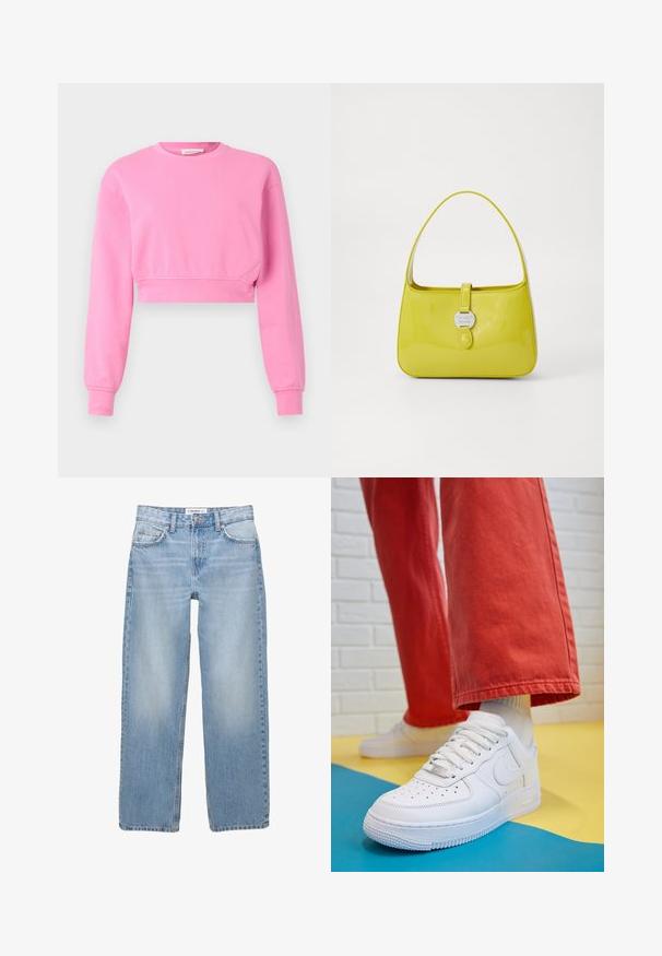 Ružový skrátený sveter s dlhými rukávmi, okrúhlym výstrihom a rebrovanými manžetami. Vyrobený z jemnej zmesi bavlny s hladkou textúrou.; Biela kratká dámska tričko s krátkym rukávom vyrobené z mäkkej látky. Má okrúhly výstrih a jednoduchý, čistý dizajn so rovnými okrajmi.; Svetlomodré džínsy s rovnými nohavicami, päť vrecovými detailmi a viditeľným šitím. Tkanina má mäkkú, jemne vyblednutú textúru.; Biele kožené tenisky s perforovanou špičkou, textúrovanou podrážkou a bielymi šnúrkami, spárované so širokými červenými nohavicami na modrom a žltom pozadí.; Žltá lakovaná kožená kabelka so štruktúrovaným tvarom, horným držadlom a predným zacvakávacím uzáverom s kruhovým kovovým logom.