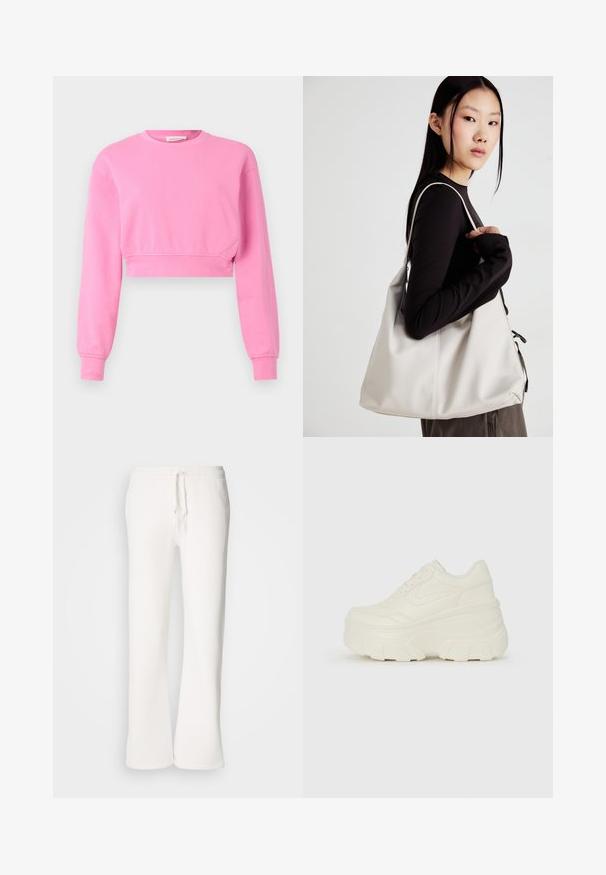 Ružičasti kratki dukserica s dugim rukavima, okruglim izrezom i rebrastim manžetama. Izrađena od meke mješavine pamuka s glatkom teksturom.; Bijele, opuštene hlače od flisa izrađene od mekog materijala, s elastičnim pojasom i vezicom te ravnim nogavicama.; Bijele platformske tenisice s glatkim gornjim dijelom koji nalikuje koži, zaobljenim oblikom, podstavljenim okvirom i teksturiranim gumeni potplat s definiranom profilacijom.; Bežna torba od mekog materijala s opuštenim dizajnom, šivanim detaljima i dva remena za rame. Pogodna za svakodnevnu upotrebu.