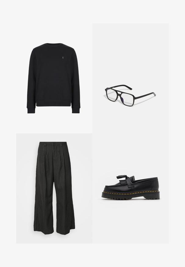 Mustra must nokasilka, millel on ringikujuline kaelus, pikad varrukad ja rinnal väike brodering logoga.; Mustudest triibulised laiad püksid plisseedega, millel on kohandatud disain ja pehme tekstuur. Nähtavaid riistade või aktsente pole.; Mustmust musta loafer, millel on frantsiisi aktsent, paks must tald ja kollane õmblus servas. Tekstuuriga viimistlus.; Mustad mustad raamidega prillid, millel on selged läätsed ja õrn lillakaspäine toon, omavad voolujoonelisi käsi ja minimalistlikku disaini.