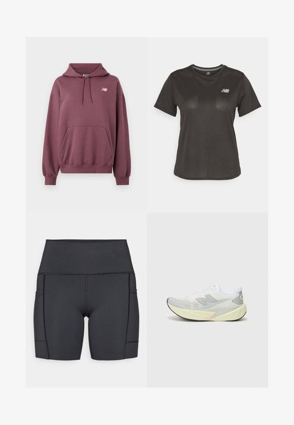 New Balance ATHLETICS CLUB - Mikina - faded plum; Čierne športové tričko s krátkymi rukávmi, vyrobené z ľahkej tkaniny. Má jemný štruktúrovaný vzor a malé biele logo na hrudi.; Čierne vysoké kraťasy vyrobené z elastického materiálu, s bočnými vreckami, plochými švami a hladkým povrchom pre pohodlie počas aktivít.; Ľahká bežecká obuv s šedo-bielou sieťovinou, výrazným logom 'N' a žltou medzipodrážkou s šikmými akcentmi. Čierna podrážka.