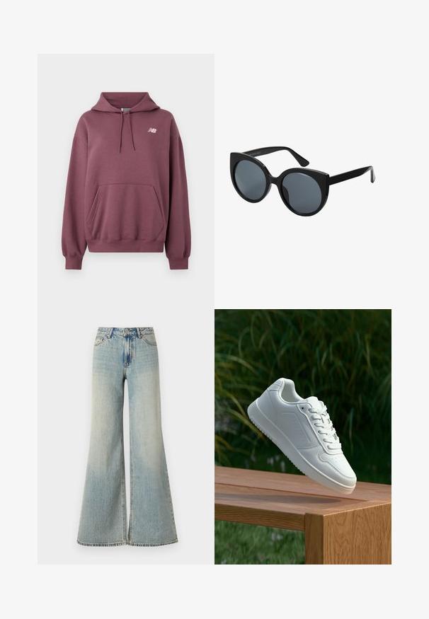New Balance ATHLETICS CLUB - Športni pulover - faded plum; Svijetloplave široke traperice s visokim strukom, s izblijedjelim finišem, prednjim džepovima i suptilnim rasporom na dnu nogavica.; Bela teniska s gladkim sintetičnim zgornjim delom, perforiranim prednjim delom, ravnimi vezalkami in teksturiranim podplatom, prikazana na leseni površini.; Črne očalke z velikimi okvirji in obliko mačjih oči, temnim toniranim lečami in sijajnim plastičnim okvirjem. Imajo debele temple za podporo.