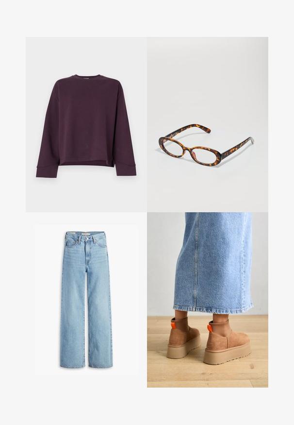 Bordo skraćeni dukserica s dugim rukavima, okruglim izrezom i glatkom teksturom. Ima prošiveni rub i dizajn opuštenog kroja.; Farmerke s visokim strukom, svijetloplave boje, širokih nogavica, s prednjim gumbom i patentnim zatvaračem, petljama za pojas i stilizacijom s pet džepova.; Smeđe suede platform čizme s elastičnim bočnim panelima i narančastim vučnim trakama, uparenim s suknjom od svijetlog denima do koljena na drvenom podu.; Kornjačaste naočale ovalnog oblika s sjajnom završnom obradom, tankim ručkama i suptilnim uzorcima koji podsjećaju na tigrove pruge.