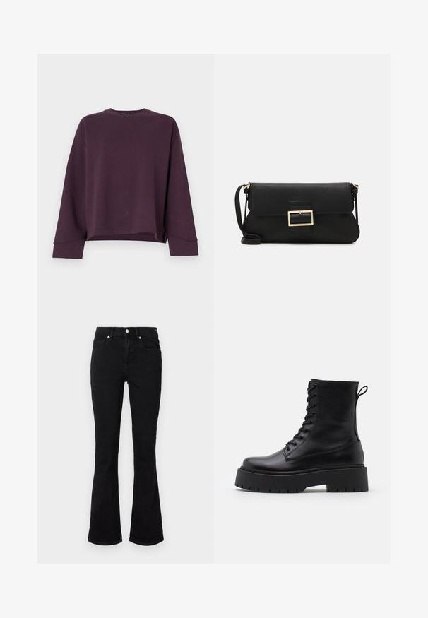 Bordový skrátený sveter s dlhými rukávmi, okrúhlym výstrihom a hladkou textúrou. Obsahuje prešité lemy a voľný strih.; Čierne rozšírené džínsy vyrobené z denimu, s strednou výškou pásu, prednými vreckami a zapínaním na gombík. Hladká textúra s minimálnymi švovými detailmi.; Čierne kožené členkové topánky s okrúhlou špičkou, šnurovaním vpredu a hrubou gumovou podrážkou s textúrovaným vzorom. Sťahovací pútko na zadnej strane.; Čierna kožená clutch taška s klopou a zlatým kovovým detailom s prackou. Obsahuje čierny remienok a elegantný, minimalistický dizajn.