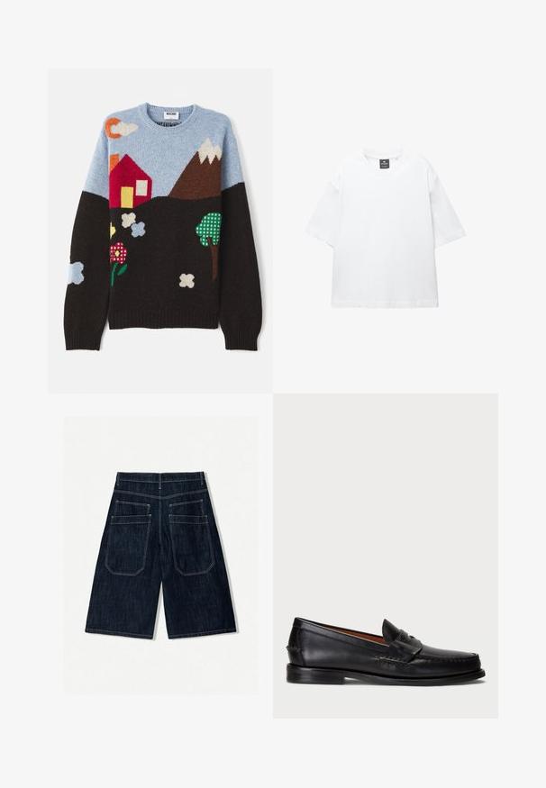 Pull en tricot avec un haut bleu, une base noire et des motifs colorés représentant une maison, des montagnes, des fleurs et des nuages dans différentes couleurs et textures.; T-shirt blanc à manches courtes en coton, avec un col rond et une coupe décontractée àOurlet droit. Sans motifs ni embellissements.; Shorts en denim bleu foncé avec une coupe ample, comprenant deux poches arrière, des surpiqûres contrastées et une coupe droite.; Mocassin en cuir noir avec un bout arrondi, des détails cousus et une sangle décorative à l'avant. Semelle plate avec un profil minimal.