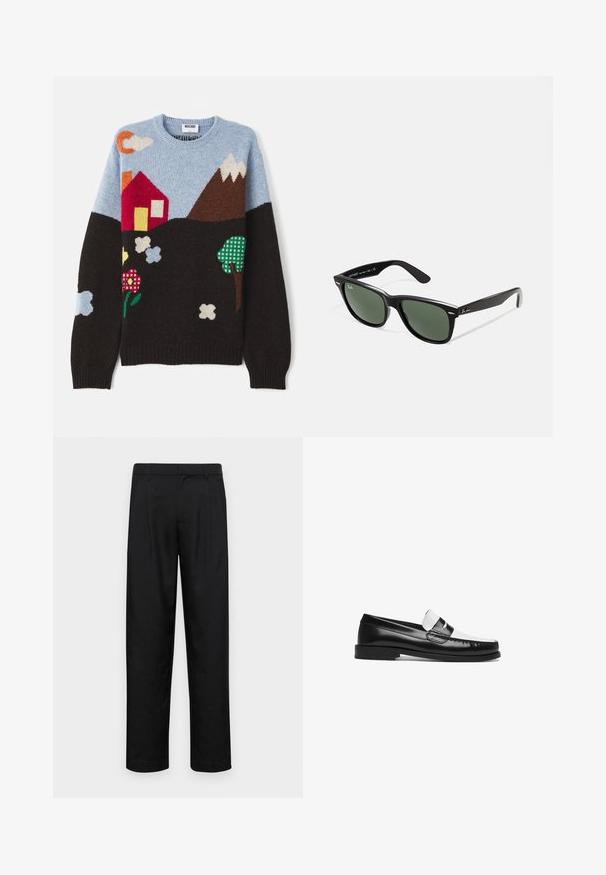 Maglione a maglia con un top blu, base nera e motivi colorati di una casa, montagne, fiori e nuvole in vari colori e trame.; Pantaloni neri realizzati in tessuto liscio, caratterizzati da un taglio dritto, due pieghe frontali e una vita standard con passanti per la cintura.; Mocassino in pelle bianco e nero con finitura lucida, dotato di suola piatta, accenti cuciti e una fascia decorativa sulla parte superiore.; Occhiali da sole in plastica nera con lenti verdi, montatura quadrata, dettaglio argento sulla parte superiore e steli con texture. Marchio indicato sulla parte interna dello stelo.