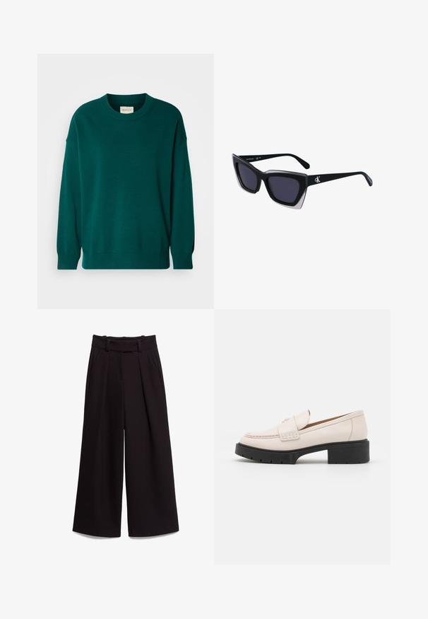 GANT C-NECK - Strickpullover - deep forest; Schwarze weit geschnittene Hose aus glattem Stoff, mit hoher Taille, Gürtelschlaufen und zwei Vorderaschen. Die Faltenstruktur sorgt für Textur.; Hellebeige Lederloafers mit einer gesteppten Vorderseite und einem strukturierten schwarzen Plateauabsatz. Merkmale ein geschwungenes Design und eine leichte Erhöhung.; Schwarze übergroße Sonnenbrille mit geometrischer Form, ausgestattet mit dunklen Gläsern und einem kontrastierenden grauen Detail im Rahmen. Logo am Bügel.