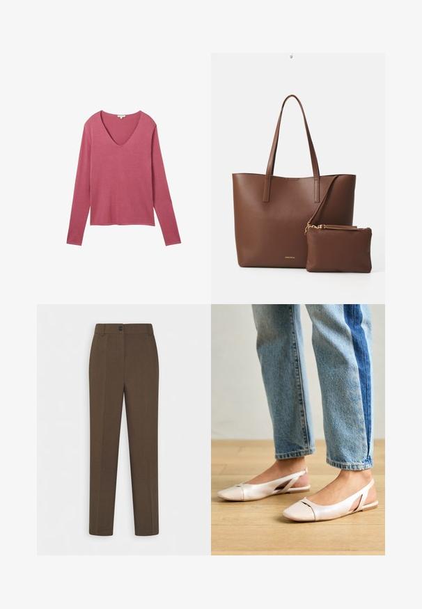 Hosszú ujjú felső puha rózsaszín anyagból, V-nyakkivágással. Lazán illeszkedik és sima textúrájú, alkalmas rétegezéshez vagy önálló viseléshez.; Egyenes szárú barna nadrág övhurkokkal és egyetlen elülső gombos záródással, fehér háttér előtt bemutatva.; Világos rózsaszín slingback laposlábú cipők, hegyes orral, sima bőrhatású anyagból készült. Oldalt kivágott részletek találhatók rajta, valamint lapos sarkú.; Barna műbőr válltáska két hosszú fogantyúval és egy matching kis tárolóval. A felülete textúrás mintázatú, arany színű fém díszítésekkel.