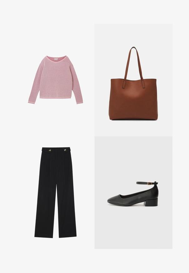 Maglione lungo a maniche lunghe di colore rosso con un motivo testurizzato e scollo rotondo. Presenta bordi a contrasto di colore rosa al colletto e ai polsini.; Pantaloni neri a gamba larga con vita alta, dettagli con bottoni in vita e pieghe frontali.; Pump in pelle nera con punta affusolata e tacco basso a blocco. Presenta una cinghia alla caviglia con una fibbia in tonalità oro. Texture liscia.; Borsa tote in pelle marrone con texture liscia, design con apertura superiore e due spallacci. Presenta cuciture minime e nessun hardware visibile.