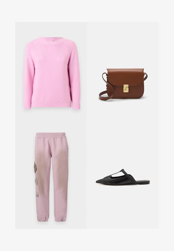 Maglione lavorato a maglia di colore rosa chiaro con scollatura tonda, maniche raglan e polsini e orlo a coste, caratterizzato da un motivo testurizzato in tutto il capo.; Pantaloni della tuta rosa con vita elastica, caratterizzati da toppe decorative a forma di diamante sul lato sinistro e polsini elastici alle caviglie.; Scarpa slingback in pelle nera con punta appuntita, con un dettaglio intrecciato e un design superiore plissettato. Suola piatta con hardware minimale.; Borsa a tracolla in pelle marrone con chiusura a pattina, hardware color oro, tracolla e una finitura liscia. Forma rettangolare compatta.