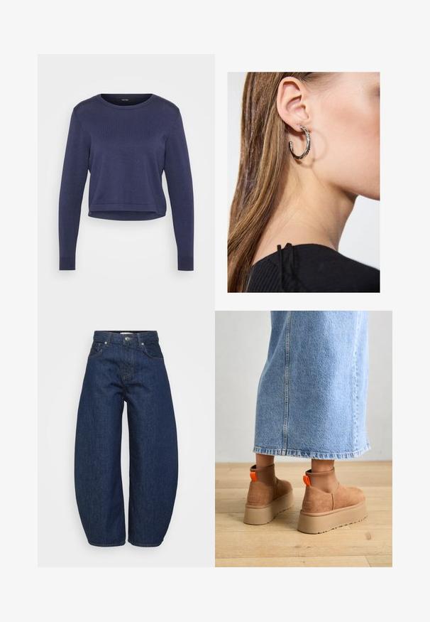 Tamsiai mėlynas trumpas megztinis, pagamintas iš minkštos mezginio medžiagos. Turi apvalų iškirpimą ir ilgomis rankovėmis su raukšlėtomis rankovėmis. Paprastas, elegantiškas dizainas.; Tamsiai mėlynos spalvos džinsai iš džinso audinio, platus, laisvas kirpimas. Yra užtrauktukas priekyje, keturios kišenės ir kontrastingos siūlės palei siūles.; Rudos zomšiniai platforminiai batai su elastingomis šoniniais panirais ir oranžinėmis kilpomis, derinami su kelio ilgio šviesių džinsų sijonu ant medinių grindų.; Sidabrinė lankinė auskarai su poliruotu paviršiumi, turintys mažus auksinius akcentus ir apvalią formą, dėvimi ant ausies kaušelio.