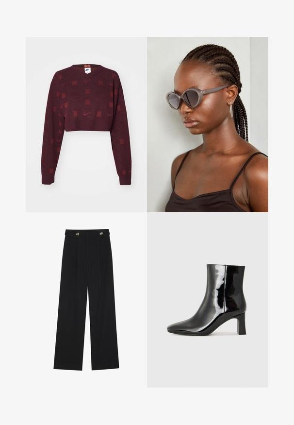 Nike Sportswear Camisola - burgundy crush/bright crimson; Calças largas pretas com cintura alta, detalhes em botão na cintura e pregas frontais.; Botim de tornozelo em pele sintética preta com bico apontado e salto bloco de altura média. Textura suave e design minimalista.; Óculos de sol cinzentos de tamanho oversized com uma forma arredondada e lentes escuras. Armação de plástico elegante com um acabamento suave. O modelo tem cabelo trançado.