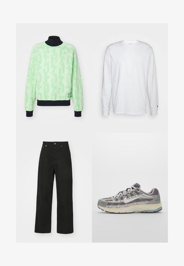 Light green knitted sweater with a black collar, featuring a textured logo pattern, ribbed cuffs, and a hemline with a small label.; White long-sleeved T-shirt made of cotton. Crew neck design with ribbed cuffs and a small logo on the left sleeve. Smooth texture.; Black denim trousers with a straight leg design, featuring five pockets, a button closure, and a classic waistband. Smooth texture.; Gray athletic shoe featuring a mesh and suede upper, white accents, a cushioned sole, and a distinctive design with reflective elements.