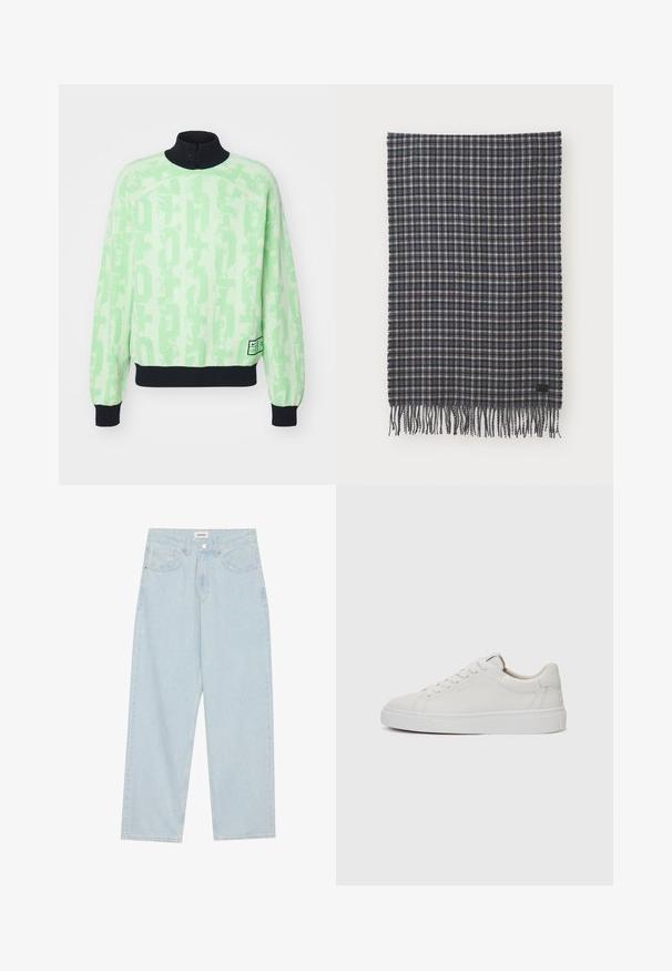 Light green knitted sweater with a black collar, featuring a textured logo pattern, ribbed cuffs, and a hemline with a small label.; Light blue wide-leg jeans made of denim, featuring a mid-rise waist, five pockets, and a button closure with a slim metal accent.; White leather low-top sneakers with a round toe, flat white rubber sole, and minimalistic stitching detail. Laces secured through six eyelets.; Woven wool scarf in dark navy and cream plaid, featuring fringe edges and a small black label accent. Soft texture with a rectangular shape.