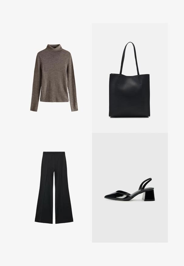 Ruskea poolopaita, joka on valmistettu pehmeästä neulekankaasta, pitkähihaisilla ja rentoa istuvuutta. Raitapinta, jossa on minimaaliset yksityiskohdat.; Mustat leveälahkeiset housut, joissa on sileä pinta, etupuolella laskokset ja muotolaskettu malli. Kangas on kevyttä ja laskeutuvaa.; Mustat patentoitu nahkakengät, joissa on säären takaosa ja terävä kärki, sekä geometrinen palikkakorko. Sisältää tyylikkään, minimalistisen muotoilun ja sileän pinnan.; Mustapahkainen kangaskassi, jossa on sileä pinta, suorakaiteen muotoinen ja kaksi pitkää kahvaa. Ei näkyvää metalliosaa tai koristeita.