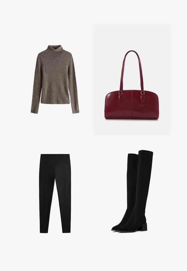 Pulover turtleneck maro dintr-un material tricotat moale, cu mâneci lungi și o croială lejeră. Suprafețe texturate cu detalii de design minime.; Colanți negri realizați dintr-un material neted și elastic. Prezintă o talie lată și un design cu picioare conice, potriviți pentru activități sportive sau purtat casual.; Cizme negre până la genunchi, realizate dintr-un material moale și texturat. Prezintă un toc bloc, vârf ascuțit și detalii cu cusături vizibile.; Zign LEATHER - Geantă de mână - dark red