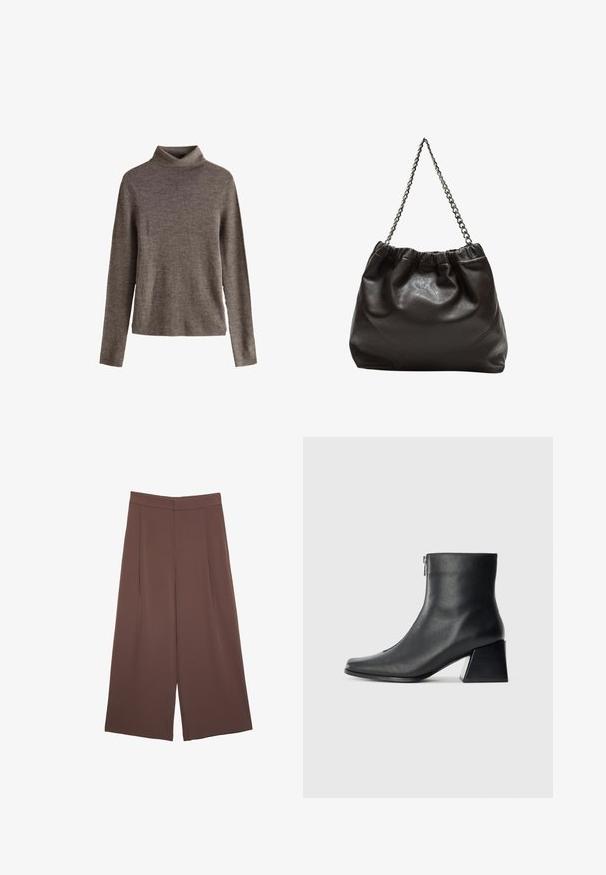 Brauner Rollkragenpullover aus weichem Strickstoff, mit langen Ärmeln und lockerem Schnitt. Texturierte Oberfläche mit minimalen Designdetails.; Braune Weite-Leg-Hosen mit einer glatten Textur, hoher Taille und Vorderfalten. Der Stoff ist leicht und fällt locker.; Schwarze Lederstiefelette mit quadrater Zehenform, seitlichem Reißverschluss und Blockabsatz vor einem schlichten hellen Hintergrund.; Braune Lederhandtasche mit gerafftem Oberteil und Kettenriemen. Glatte Textur mit glänzendem Finish und subtilen Nahtdetails an den Seiten.