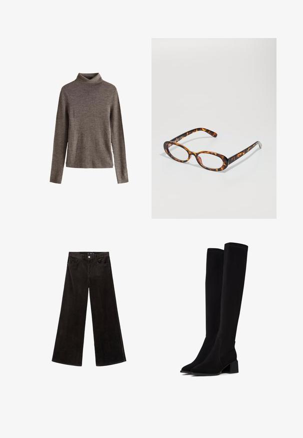 Bruine coltrui gemaakt van zachte gebreide stof, met lange mouwen en een relaxed fit. Textuur oppervlak met minimale ontwerpdetails.; Zwarte corduroy wijde pijpen broek met een hoge taille, voorzakken en een gestructureerde stof, met een knoopsluiting en riemlussen.; Zwarte over-de-knie laarzen van zacht, textuurmateriaal. Voorzien van een blokhak, puntige neus en zichtbare naaddetails.; Schildpadbril met ovale glazen, voorzien van een glanzende afwerking, slanke armen en subtiele patronen die lijken op de strepen van een tijger.; Zign LEATHER - Handtas - dark red