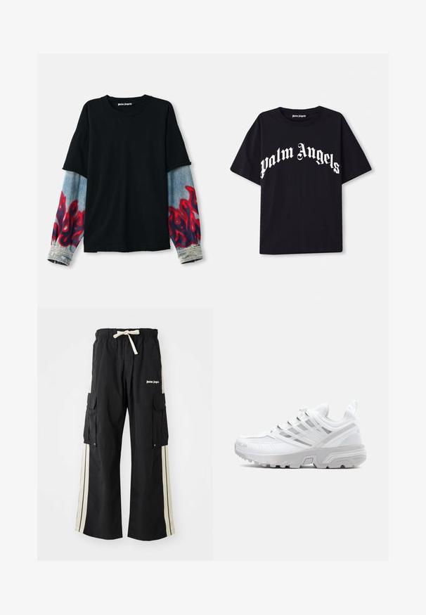 Μαύρη μπλούζα t-shirt με oversize τζιν μανίκια που διαθέτουν κόκκινα σχέδια φλόγας. Κατασκευασμένη από βαμβάκι, έχει κυκλικό λαιμόκοψη και ακατέργαστη λεπτομέρεια στο στρίφωμα.; Μαύρη βαμβακερή μπλούζα με κοντά μανίκια και στρογγυλή λαιμόκοψη, που διαθέτει λευκό κείμενο "palm angels" σε καμπυλωτή, διακοσμητική γραμματοσειρά μπροστά.; Μαύρο cargo παντελόνι με ελαστική μέση και κορδόνι ρύθμισης, διαθέτει κρεμ ρίγες στο πλάι, πολλές τσέπες και λογότυπο μπροστά.; Λευκό αθλητικό παπούτσι με ανάγλυφη δικτυωτή επένδυση, κομψό σχέδιο, ενισχυμένο σημείο στη μύτη και ασημένιες λεπτομέρειες στο σύστημα κορδονιών και στη μεσοσόλα.