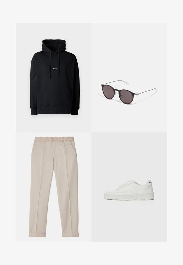 Felpa nera con cappuccio regolabile, tasca a marsupio anteriore, polsini e orlo a coste, con un piccolo logo bianco "MSGM" sul petto.; Filippa K TERRY CROPPED TROUSERS - Pantaloni - sage melange; Sneaker in pelle bianca con una finitura liscia, punta rotonda, lacci piatti e suola testurizzata. Presenta un logo discreto sul tallone.; Occhiali da sole neri rotondi con lenti scure e sottili bracci in metallo. Include punte trasparenti e accenti argentati alla cerniera. Design minimalista.