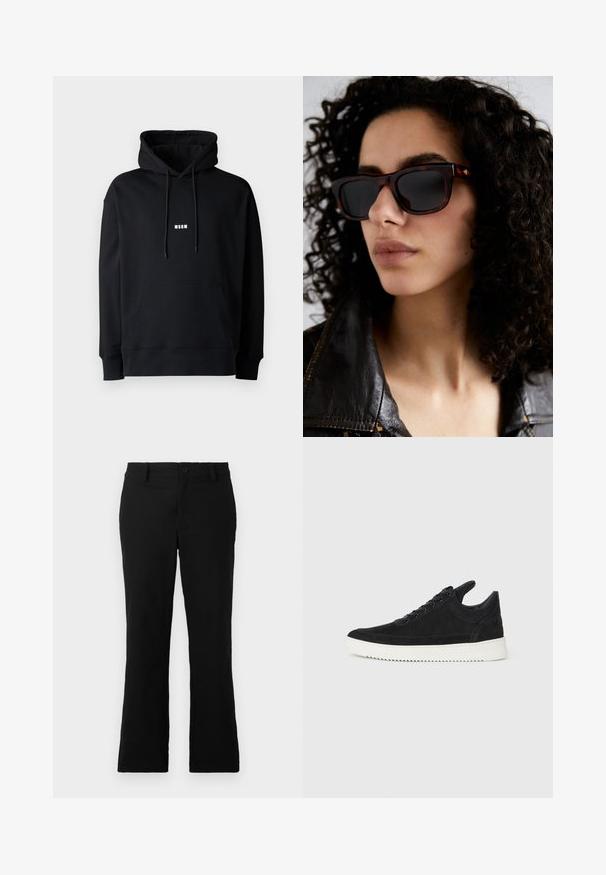 Czarna bluza z kapturem ze sznurkiem, z przednią kieszenią, ściągaczami przy mankietach i u dołu, z małym białym logo "MSGM" na klatce piersiowej.; Czarne spodnie z szerokimi nogawkami wykonane z mieszanki bawełny, z zapięciem na guzik, szlufkami na pasek oraz gładką teksturą bez widocznych wzorów.; Czarne zamszowe sneakersy z białą gumową podeszwą, z tonalnym przeszyciem i sznurowanym zapięciem. Gładka tekstura, nowoczesny, smukły kształt.; Okulary przeciwsłoneczne w kolorze żółwia z ciemnymi soczewkami, prostokątny kształt, z złotymi akcentami na zausznikach. Noszone z czarną skórzaną kurtką.
