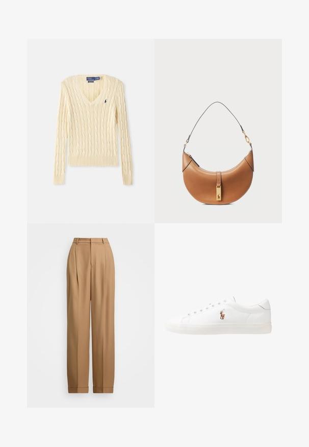 Krémszínű, cable-knit pulóver V-nyakkal, bordás mandzsettákkal és szegéllyel. Bal mellen található egy apró, hímzett logó. Puha textúra.; Világoskék, hosszú ujjú ing, fehér, kontrasztos gallérral. Simább textúrával és öt elülső gombbal rendelkezik.; Beige, magas derekú, fazonra szabott nadrág, pleátolt elülső résszel, szűkített lábszárral és felgöngyölt szárakkal. Simább anyag, finom textúrával.; Fehér bőr sportcipők, alacsony fazonban, sima textúrával, kerek orral, fűzős előlappal és egy kis hímezett logóval az oldalon.; Nádj bőr kézitáska íves formával, arany színű fém díszítéssel és vékony vállpánttal. Cipzárral záródik és logó részlet található az elején.
