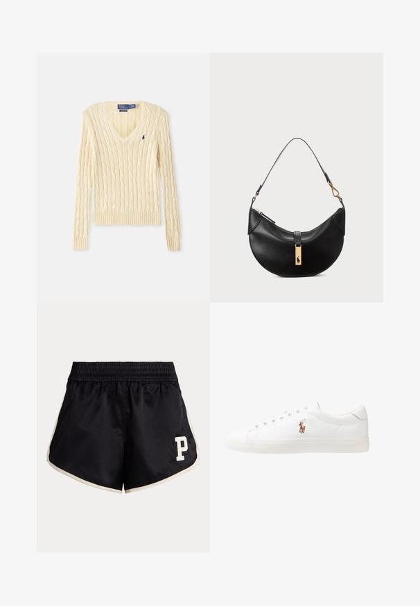 Suéter cream tricotado, com decote em V, punhos e bainha canelados. Apresenta um pequeno logo bordado no peito esquerdo. Textura suave.; Calções atléticos pretos com cintura franzida, riscas laterais bege e um logótipo da letra "P" em creme na coxa esquerda.; Sapatilhas de couro brancas, design de cano baixo, com textura suave, biqueira redonda, atacadores à frente e um pequeno logótipo bordado na lateral.; Bolsa de couro preto em forma de meia-lua. Apresenta um detalhe em metais dourados e uma alça estreita. Textura suave, fechamento em zíper na parte superior.
