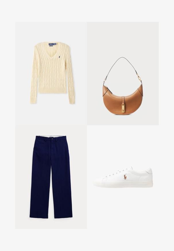 Cable-knit cream sweater with a V-neck, ribbed cuffs, and hem. Features a small embroidered logo on the left chest. Soft texture.; Navy blue straight-leg trousers with belt loops, button closure, and side pockets on a plain light background.; White leather sneakers, low-top design, featuring a smooth texture, round toe, laced front, and a small embroidered logo on the side.; Tan leather handbag with a curved shape, gold hardware, and a thin shoulder strap. Features a zipper closure and logo detail on the front.