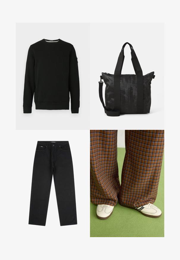 Crni dukserica s okruglim izrezom i dugim rukavima, rebrasti rubovi na rukavima i donjem dijelu. Mekana tkanina s oznakom na lijevom rukavu i minimalnim dizajnom.; Crne traperice ravnog kroja s prednjim gumbom i patent-zatvaračem, petljama za remen i dizajnom s pet džepova, položene ravno na bijeloj pozadini.; Smeđe i plave karirane široke hlače uparene s bijelim cipelama s crnim akcentima i teksturiranim potplatom, na zelenoj pozadini.; Crna torba s teksturiranim materijalom, dvostrukim ručkama i odvojivim remenom za rame. Ima zatvaranje na patentni zatvarač za sigurnu pohranu.