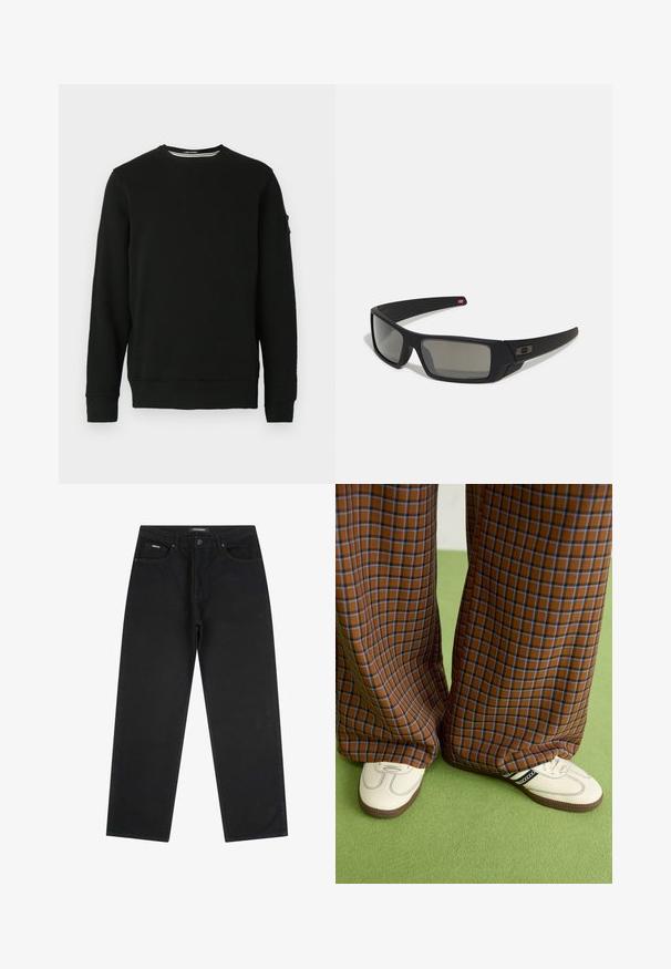 Sweatshirt noir à col rond avec manches longues, poignets et ourlet côtelés. Tissu doux avec une étiquette sur la manche gauche et un design minimaliste.; Jean noir à jambe droite avec bouton frontale et fermeture éclair, passants de ceinture et design à cinq poches, posé à plat sur un fond blanc.; Un pantalon large à carreaux marron et bleu associé à des chaussures blanches avec des accents noirs et des semelles texturées, le tout sur fond vert.; Lunettes de soleil noires avec une finition mate, verres rectangulaires, légère courbure sur les branches, détail de logo subtil et verres teintés fumés.