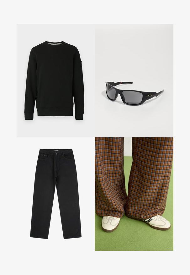 Black crewneck sweatshirt with long sleeves, ribbed cuffs, and hem. Soft fabric with a tag on the left sleeve and minimal design.; Black straight-leg jeans with front button and zipper, belt loops, and five-pocket design, laid flat on a white background.; Brown and blue plaid wide-leg trousers paired with white shoes featuring black accents and textured soles, set against a green background.; Black sunglasses with a rectangular shape, made of durable plastic, featuring gray tinted lenses and a gold accent on the side.