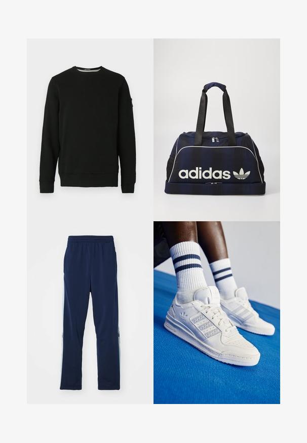 Musta pyöreäkauluksinen collegepaita, jossa on pitkät hihat, ribbireunat hihansuissa ja helmassa. Pehmeä kangas, jossa on lappu vasemmassa hihassa ja minimaalinen muotoilu.; Puhdistukset siniset urheiluhousut joustavasta kankaasta, joissa on leveä elastinen vyötärö, suora leikkaus ja kevyet sivupaneelit logoilla.; Valkoiset nahkasneakerit, joissa on rei'itetyt korostukset, kolme metallista raitaa ja teksturoitu sivupaneeli. Yhdistetty valkoisiin sukkiin, joissa on sinisiä raitoja.; Laukkukassi, sininen duffel-pussi, jossa on valkoinen Adidas-logo, varustettu vetoketjulla, kahdella tukevalla mustalla kahvalla ja sivuilla olevilla verkko-taskuilla. Sujuva kankaan rakenne.