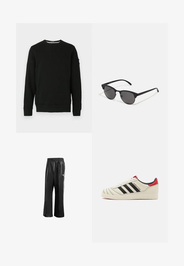 Felpa nera con collo a giro e maniche lunghe, polsini e orlo a costine. Tessuto morbido con etichetta sulla manica sinistra e design minimale.; Pantaloni da corsa neri in materiale sintetico con vita elasticizzata, caratterizzati da strisce laterali bianche e un piccolo logo bianco sull'anca sinistra.; Sneakers in pelle crema con strisce nere, dettagli rossi sul tallone e texture particolari. Presentano una suola in gomma e chiusura con lacci.; Occhiali da sole neri con lenti rotonde, finitura opaca e forma distintiva a occhio di gatto. Astine sottili con un branding discreto sulla tempia sinistra.