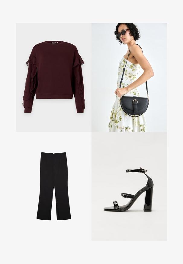 Tumma burgundin värinen pitkähihainen huppari, jossa on läpinäkyvää röyhelöyksityiskohtaa hihoissa sekä ribbineuleistetut hihansuut ja helma.; Mustat housut suoralinjaisella leikkauksella, joissa on etutaskut ja sivurei'ät helman alla. Valmistettu pehmeästä ja sileästä kankaasta. Sopii eri tilaisuuksiin.; Musta kiiltäväpintainen korkokengät, joissa on kaksi solkikiinnitystä, neliönmuotoinen kärki ja paksu korko, sileällä, kiiltävällä pintarakenteella.; Musta nahkainen käsilaukku, joka on kaareva muotoilultaan, irrotettavalla hihnalla ja kultaisilla yksityiskohdilla. Laukussa on läppä, jossa on solk yksityiskohta.