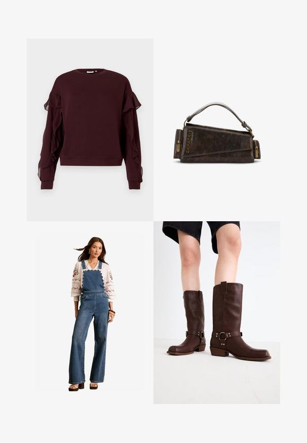 Sudadera de manga larga burdeos oscuro con detalles de volantes transparentes en las mangas y puños y dobladillo acanalados.; Pantalones de mezclilla tipo peto con un diseño escallopado en la parte delantera, piernas acampanadas y bolsillos laterales. Combinados con una blusa blanca bordada y accesorios de madera.; Botas de cuero marrón hasta la rodilla con punta redonda, superficie texturizada, correa en el tobillo y detalles de hardware plateado; tacón apilado.; Bolso de piel marrón con un diseño geométrico, que presenta un asa superior y acentos de cremallera de latón. Logo grabado en el lateral.