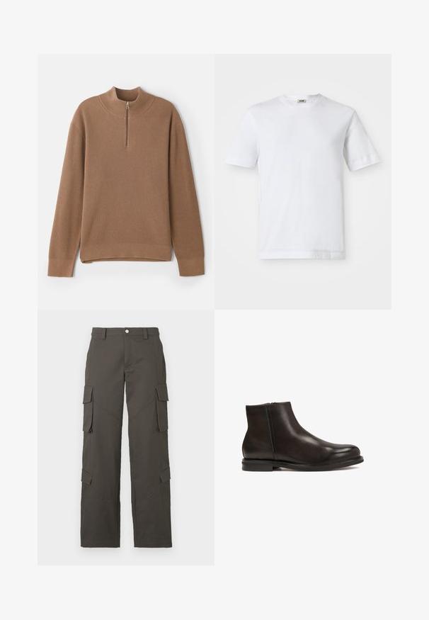 Pullover marrone a coste con colletto alto e chiusura a mezza zip. Caratterizzato da maniche lunghe e orlo dritto con spacchi laterali per facilitare i movimenti.; T-shirt bianco in cotone con maniche corte, scollatura rotonda e una texture liscia. Non sono visibili motivi o accenti.; Pantaloni cargo dritti grigio scuro con chiusura a bottone e quattro tasche con pattina, due sulle cosce e due vicino ai polpacci.; Stivale alla caviglia in pelle nera con una superficie liscia, punta arrotondata e tacco basso. Presenta una zip laterale per indossarlo facilmente.