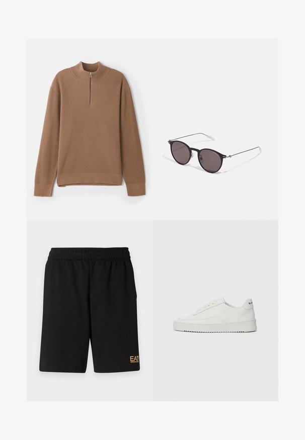 Pruun soonikkangast pullover kõrge kaelusega ja poole tõmblukuga. Omab pikki varrukaid ja sirget allääret külgservadega, et võimaldada mugavat liikumist.; Mustad mustad lühikesed püksid, mis on valmistatud pehmest kangast. Omavad elastset vöökohta ja väikest kollast EA7 logo vasakul jalal.; Valge nahast tennis, millel on sile põhi, ümar varvas, lamedad nöörid ja tekstuuriline tall. Sisaldab diskreetset logo kontsaribal.; Mustad mustad prillid tumedate läätsedega ja õhukeste metallist käepidemetega. Kaarja kujuga seljaosa ja hõbedased aktsendid hingel. Minimalistlik disain.