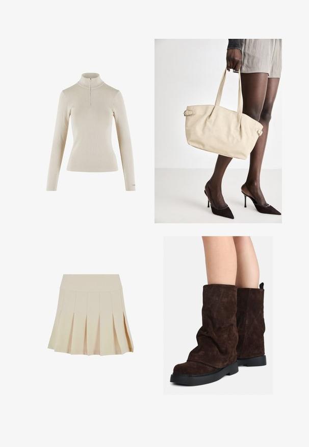 Gai bēšs garām piedurknēm turtlenecks krekls, izgatavots no ribota auduma, ar ceturtdaļas rāvējslēdzēju apkaklē un pieguļošu dizainu.; Bežs plīsums svārki ar pieguļošu jostu, izgatavoti no gludas auduma. Iespējas ietver vairākas vertikālas plīsuma līnijas un taisnu apakšmalu.; Brūni zamšādas puszābaki līdz teļiem ar melnām gumijas zālēm uz atklātām kājām, ar vieglu krokām uz zābaku kājām.; Bežs tote soma ar gludu ādas apdari, strukturētu formu, divām rokturiem un sānu sprādžu detaļām. Apvienota ar elegantiem melniem papēžiem.; Krēma krāsas pildīta galvassega ar uztinuma dizainu, apvienota ar bēša un baltā svītrainā krekla ar apaļu izgriezumu. Smalkas rotaslietas akcenti.