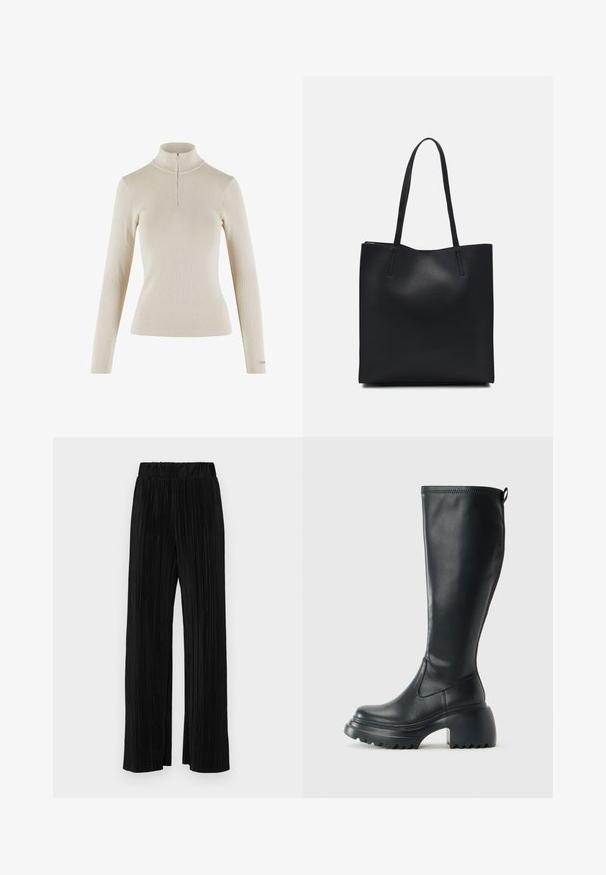 Valkoinen pitkähihainen poolopaita, joka on valmistettu ribatusta kankaasta ja jossa on neljännesvetoketju kaulassa sekä tiukka muotoilu.; Mustat pleatatut housut, joissa on joustava vyötärö. Ominaisuuksiin kuuluvat leveät lahkeet ja sileä, teksturoitu kangas, jossa on pystysuoria raitoja.; Korkeat mustat nahkakengät, joissa on paksu pohja ja lohkare korko, varustettuna vetonauhalla ja tekstuurilla ulkopohjassa.; Mustapahkainen kangaskassi, jossa on sileä pinta, suorakaiteen muotoinen ja kaksi pitkää kahvaa. Ei näkyvää metalliosaa tai koristeita.