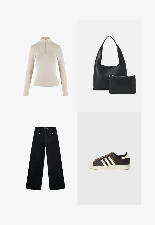 Helles beiges Langarm-Turtleneck-Oberteil aus geripptem Stoff, mit einem Viertelreißverschluss am Hals und taillierter Passform.; Schwarze, weit geschnittene Jeans mit hoher Taille, die zwei Fronttaschen und metallene Knopfakzente aufweist. Der Stoff hat eine glatte Textur.; Low-Top Adidas Superstar Sneaker aus dunkelbraunem Leder mit cremefarbener Schale an der Spitze, weißen Streifen und dem Schriftzug "Superstar" an der Seite.; Even&Odd Handtasche - black
