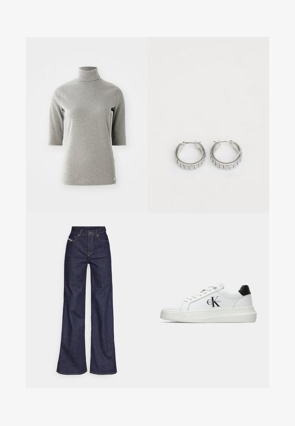 Gai pelēks turtlenecks tops ar trim ceturtdaļām piedurknēm, ribota tekstūra, taisna piegriezuma un noapaļots apakšmalā. Šim apģērbam ir neliels balts logotips sānos.; Tumši zili platleņķa džinsi no denima auduma ar augstu jostasvietu, ar oranžām šuvēm, piecu kabatu dizainu un pogu aizdari.; Baltā zema topa sporta apavas ar melnu papēža cilni, platformas zoli, auklēm un Calvin Klein "CK" logo sānos.; Sudraba gredzena auskari ar faktūras dizainu, kas ietver vertikālas rievas. Apaļa forma ar drošu aizdari. Gluda apdare.