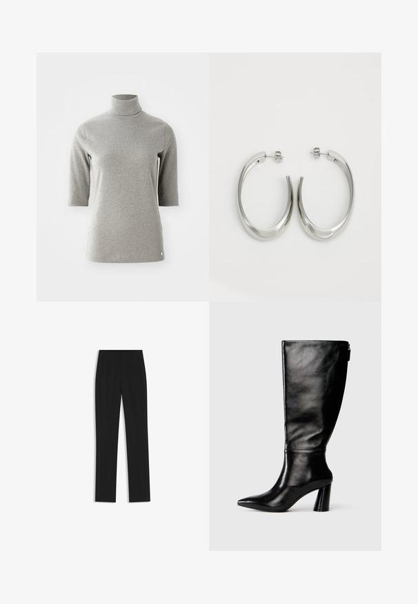 Helles graues Rollkragenoberteil mit dreiviertel Ärmeln, gerippter Textur, geradem Schnitt und rundem Saum. Mit einem kleinen weißen Logo an der Seite.; Schwarze maßgeschneiderte Hose mit geradem Bein, ausgestattet mit Fronttaschen und einem glatten, strukturierten Stoff. Saubere, minimale Details.; Knöchelhohe schwarze Lederstiefel mit einer spitzen Zehe, glatter Oberfläche und einem klobigen Absatz. Verfügt über einen Reißverschluss hinten.; Silberne Creolen mit einem glatten, geschwungenen Design. Mit einem glänzenden metallischen Finish und Steckverschluss. Keine sichtbaren Muster oder Akzente.