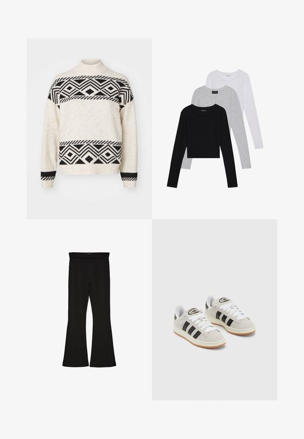 Adīts puloveris krēmkrāsā ar ģeometriskām melnām rakstām, augsts kakls un ribota aproce. Mīksta tekstūra ar kontrastējošām melnām svītrām.; Trīs garām piedurknēm veidotas augšdaļas, sakrautās: melna, pelēka un balta. Katram ir noapaļots kakla izgriezums un īsa dizaina forma ar gludu, vieglu audumu.; Melnas flared leggings, kas izgatavotas no stiepjama auduma. Iezīmējas ar platu jostasvietu un gludu tekstūru, ar pieguļošu siluetu, kas paplašinās pie apakšmalas.; Pelēkas zamšādas kedas ar baltām saites, melnām svītrām un baltu gumijas zoli. Raksturīga apļa logo uz mēles un gumijas zole.